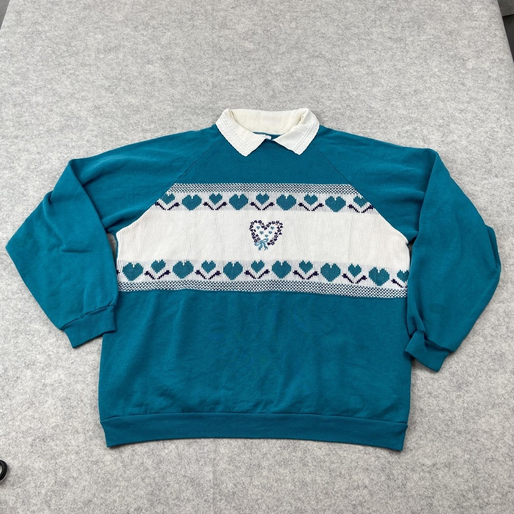 Vintage Great Lakes Apparel Sweater Womens XL Heart Fair Isle Pullover USA Blue